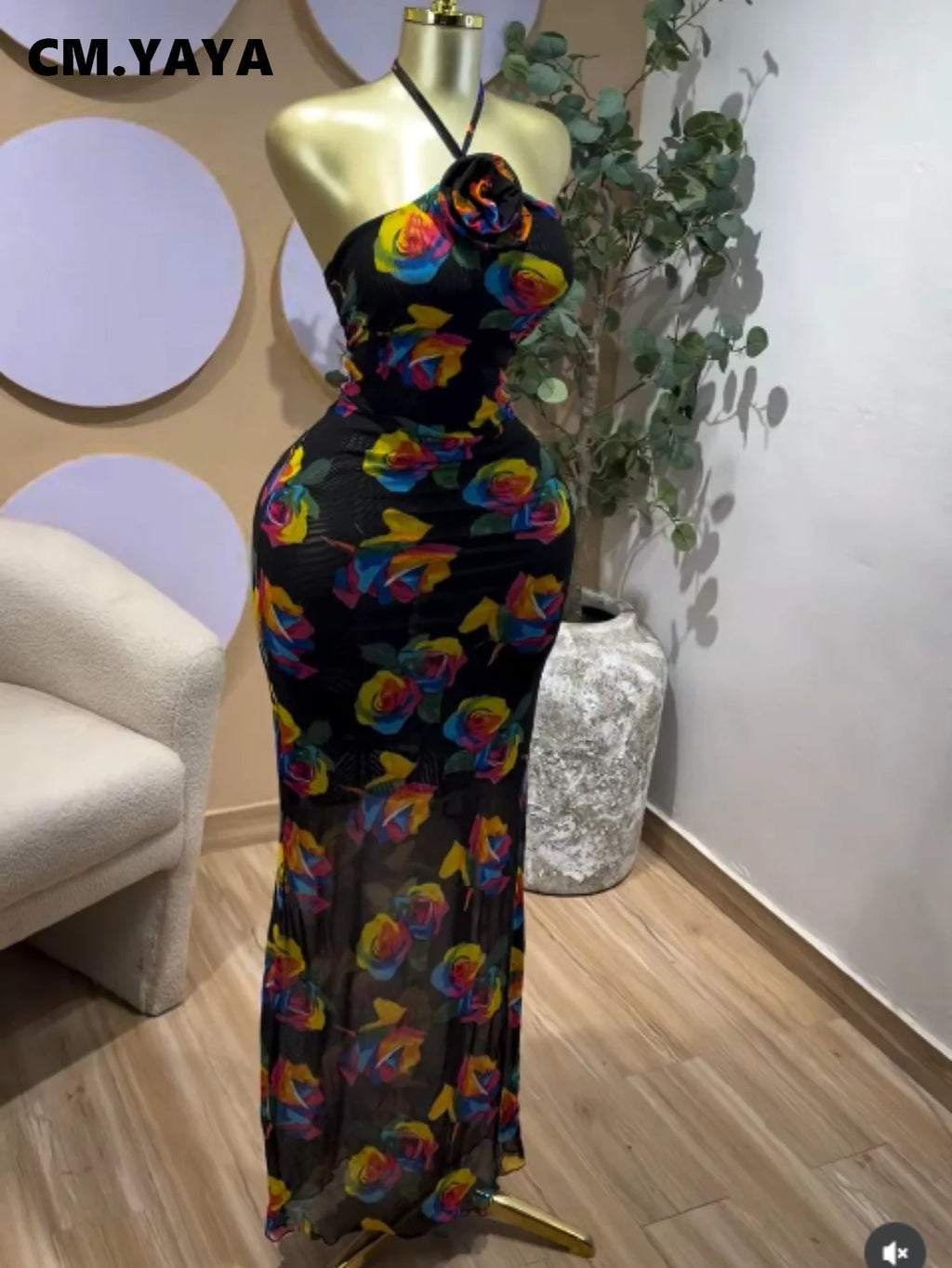 Zatori Elegant Floral Printed Halter Neck Sleeveless Maxi Dress