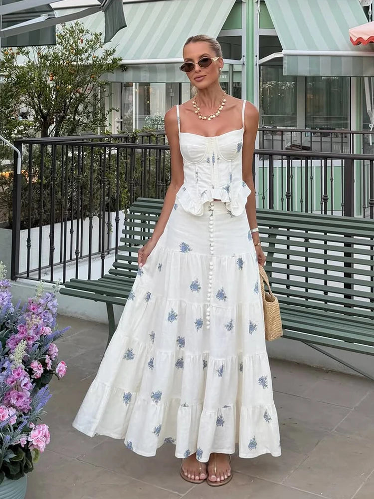 Paola Shaping French Floral Ruffled Waist Two Piece Sets
