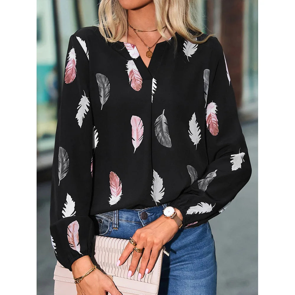 Jamesburg Casual T Shirt Fashion Feather Printed Long Sleeve V Neck Loose Blouses