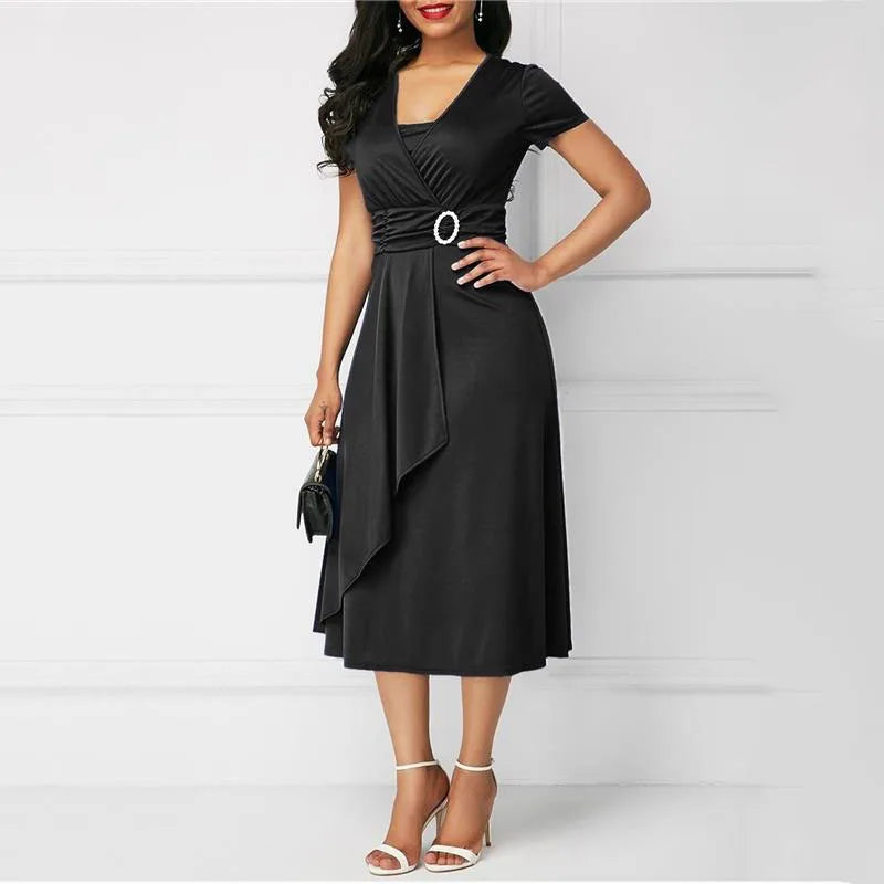 Seattle Solid Color Short Sleeve V Neck Asymmetric Hem Waist Midi Party Dress