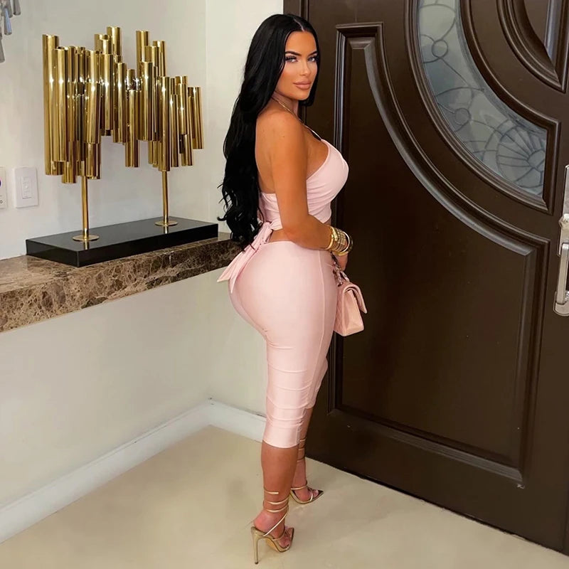 Lorena Solid Color Hanging Neck Tight Fitting Two Piece Sets