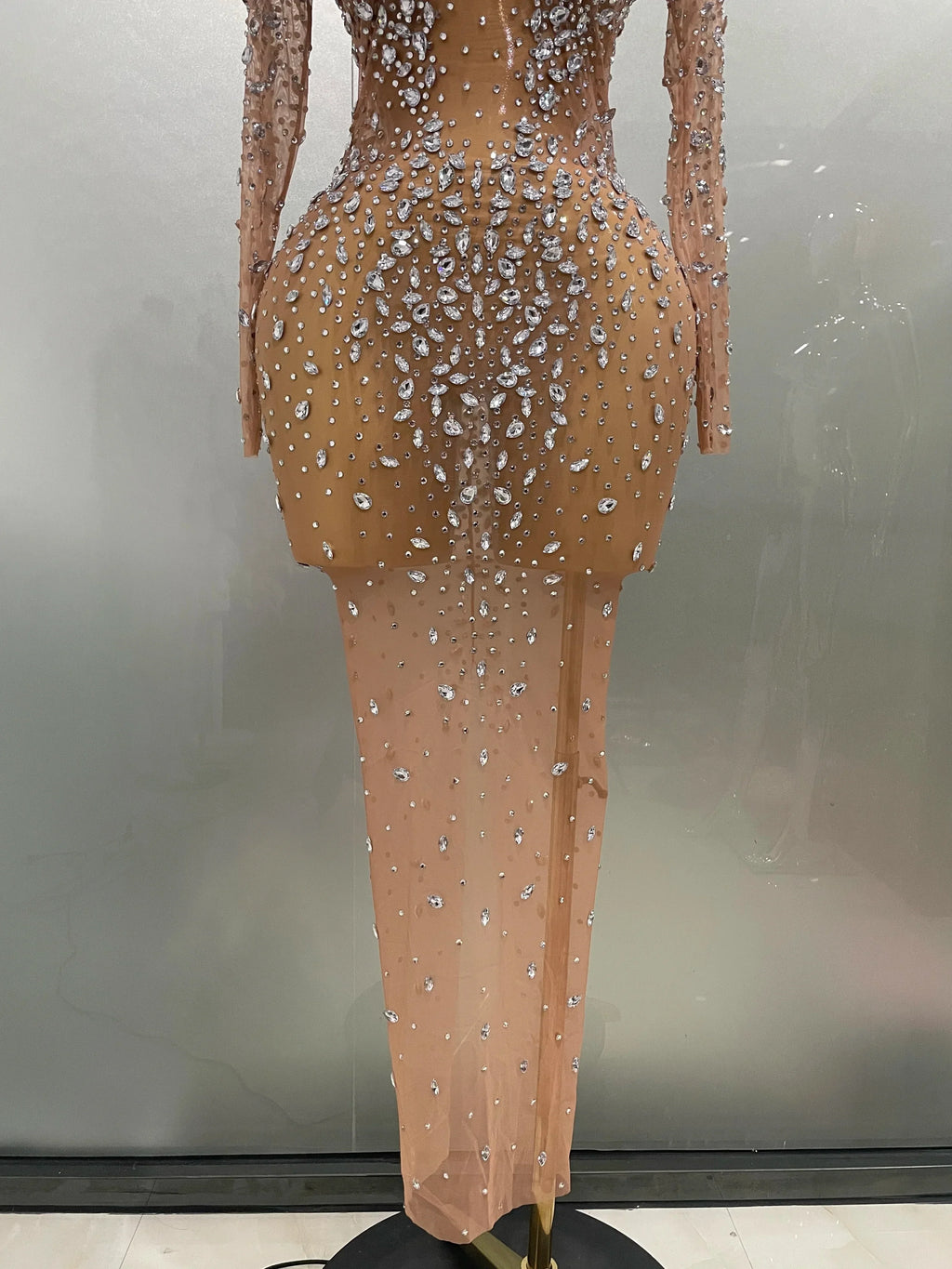 Cumberland Shinny Rhinestone Stretch Mesh Transparent Long Dress
