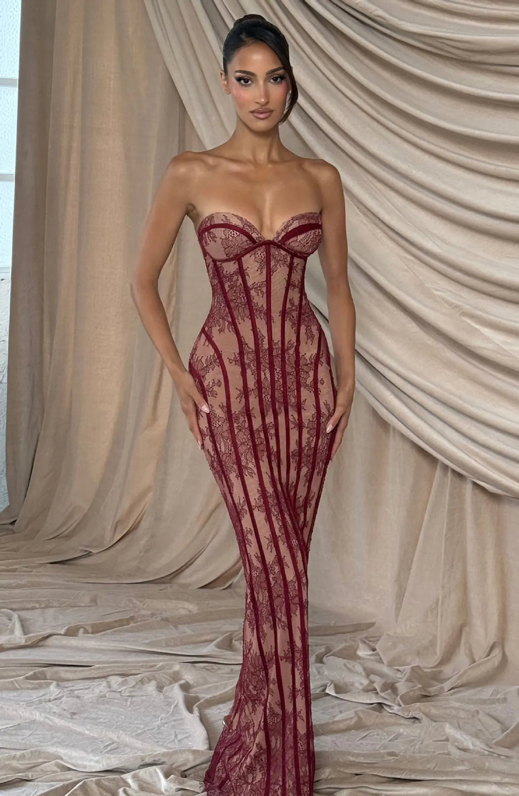 Belvidere Elegant Lace Strapless Waist Cinching Long Dress with Heart-Shaped