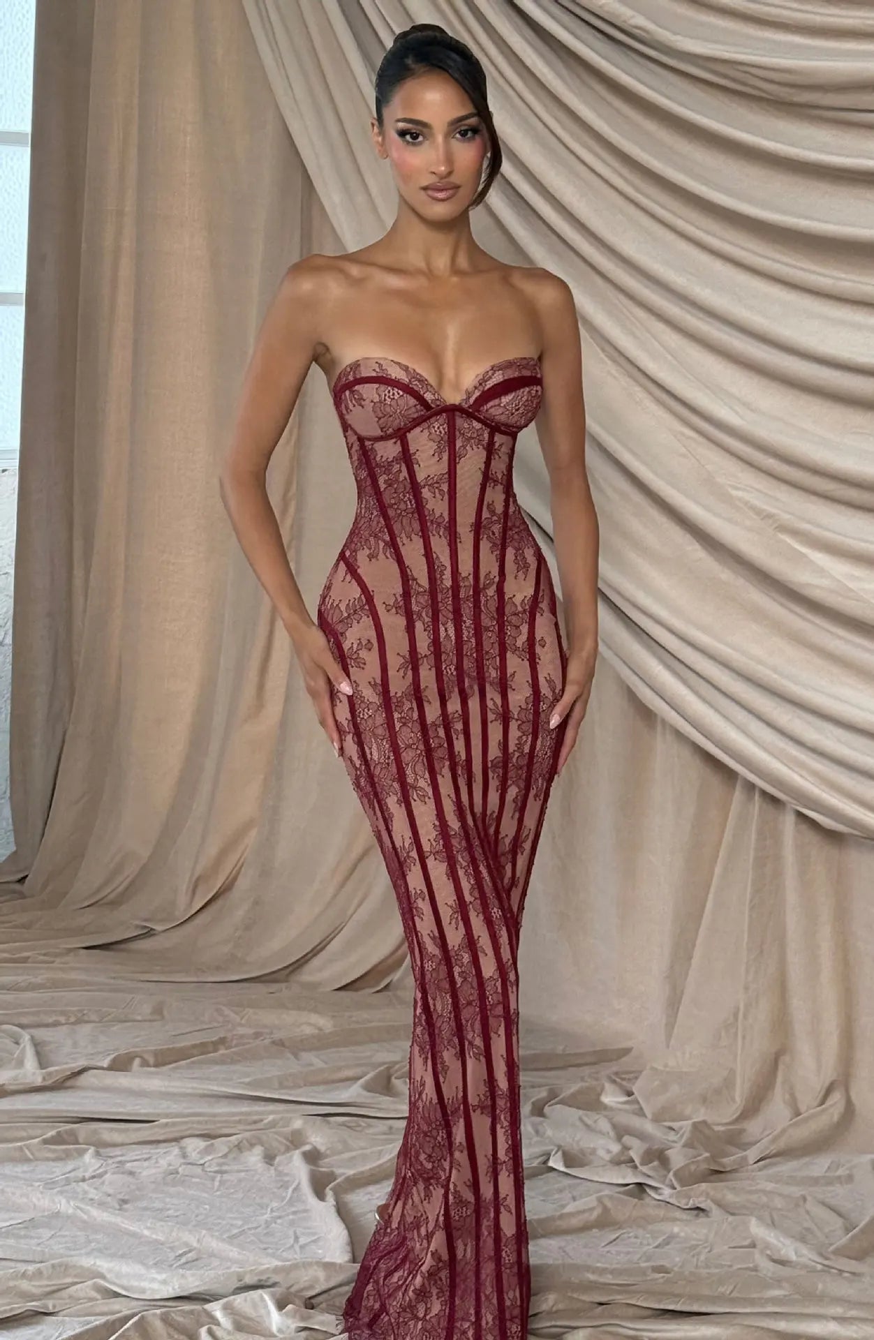 Belvidere Elegant Lace Strapless Waist Cinching Long Dress with Heart-Shaped