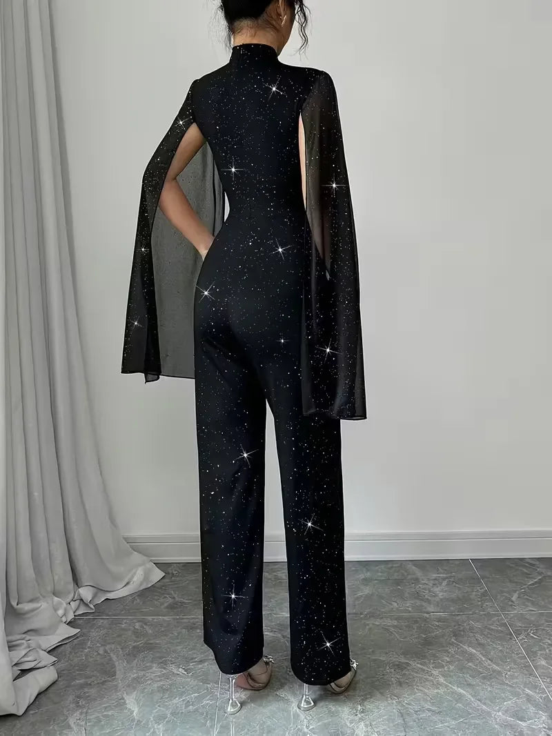 Manhattan Glitter Mock Neck Sheer Chiffon Cloak Sleeve Elegant Overalls Temperament Jumpsuit