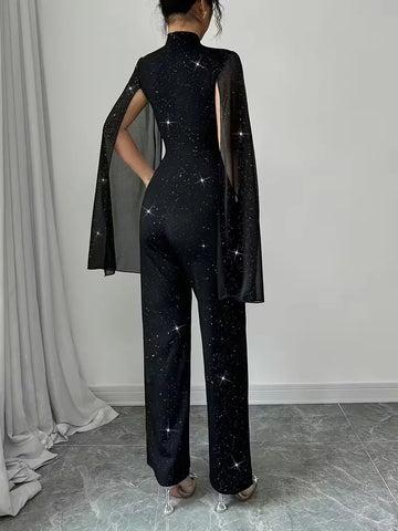 Manhattan Glitter Mock Neck Sheer Chiffon Cloak Sleeve Elegant Overalls Temperament Jumpsuit