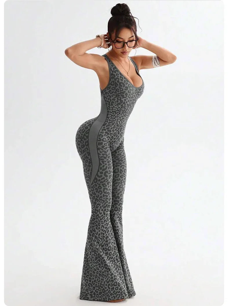 Reading Leopard Sportwear Sleeveless Backless Flare Jumpsuits