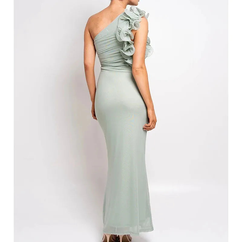 Allendale One Shoulder Bodycon Mesh Ruched Sexy Backless Long Dress