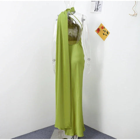 Meadville Elegant Ribbon Halter Solid Off Shoulder Sleeveless Backless Slim Maxi Dress
