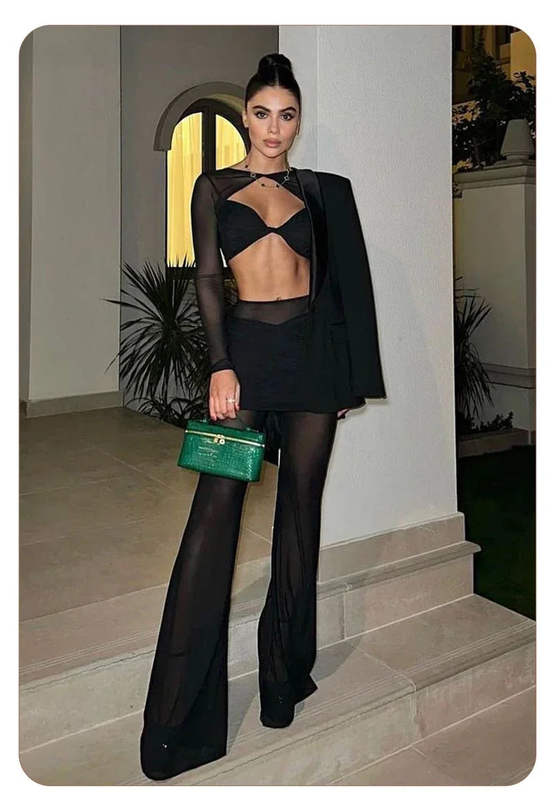 Williamsburg Mesh Fashion Street Wear Hollow Out Design Crop Set