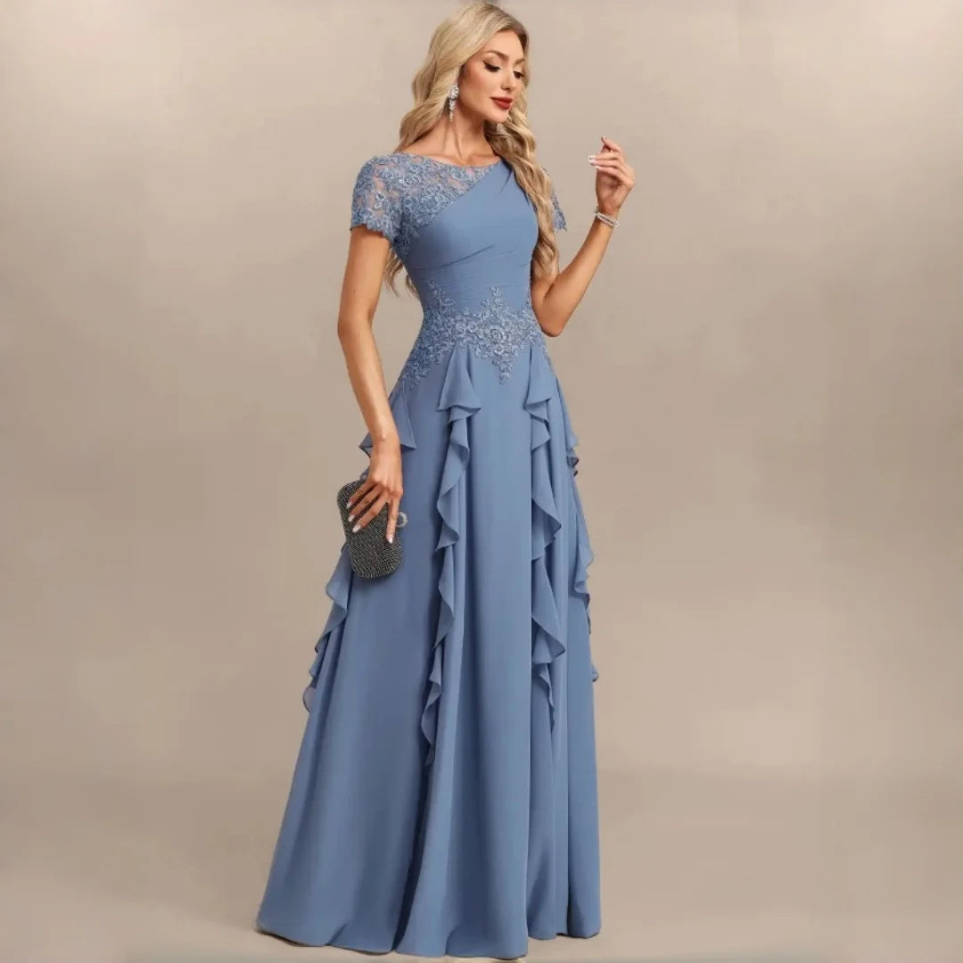 Dumbo Asymmetrical Neck Chiffon Bridesmaid Lace Sleeve Ruched Waist Cascading Dress