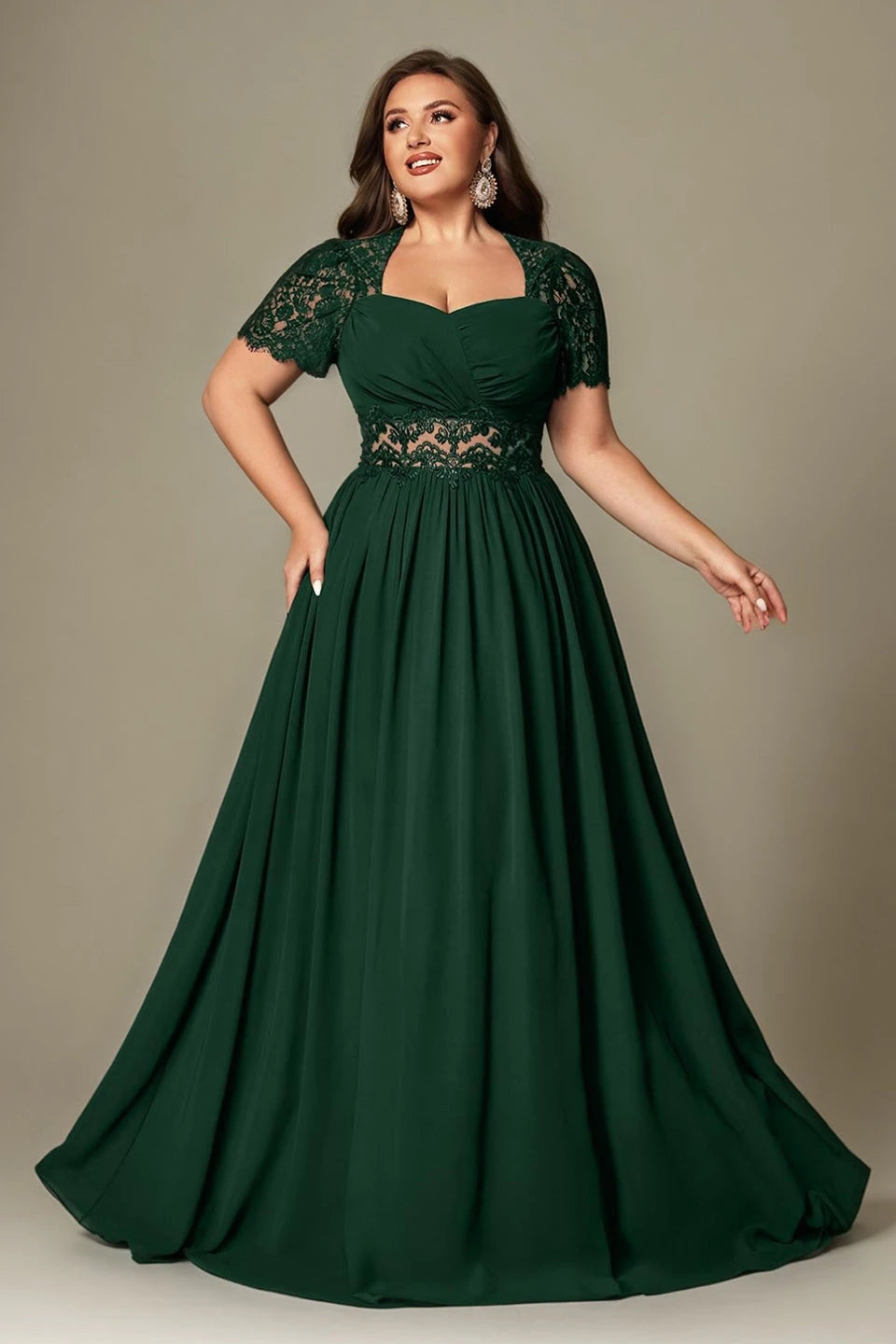 Paterson Plus Size A Line Lace Short Sleeved Formal Evening Gown Sheer High-Waisted Maxi Dress