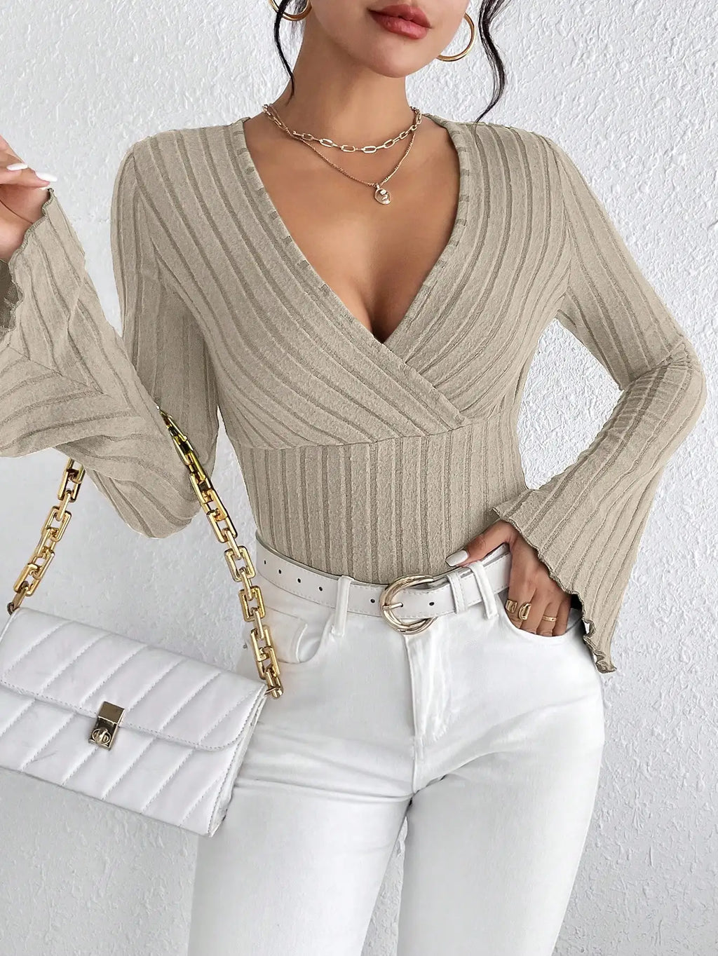 Uranus Long Sleeved V Neck Slim Striped Long Sleeved Knitted Tops