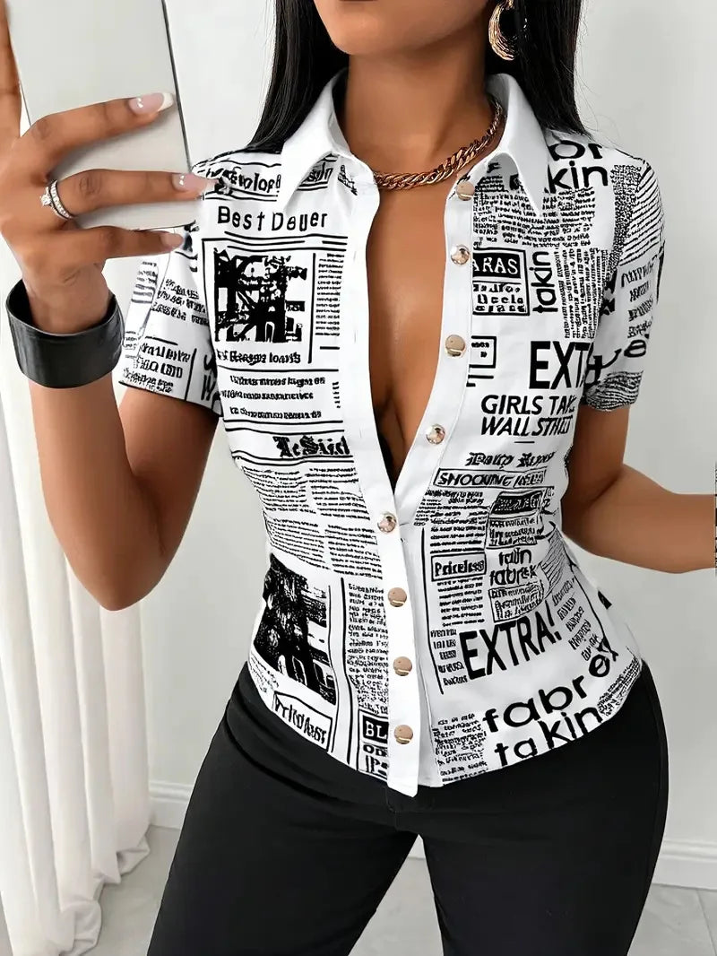 Pluto Elegant Fashion Newspaper Pattern Print Single Breasted Short Sleeve Tops