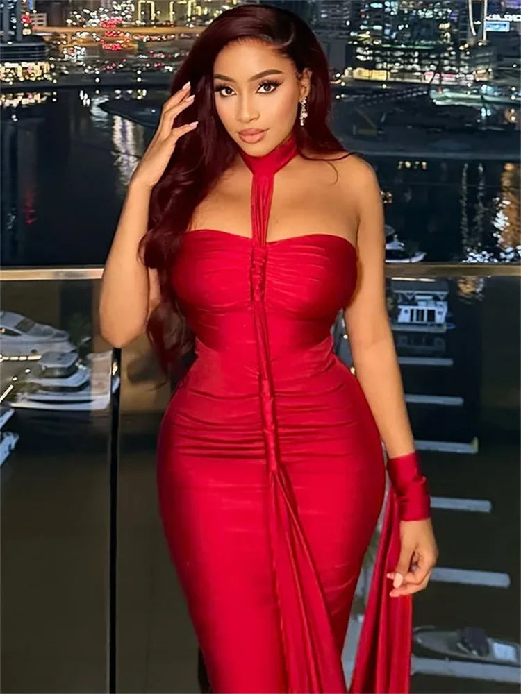 Connecticut Elegant Halter Backless Skinny Hand Strap Hem Maxi Dress