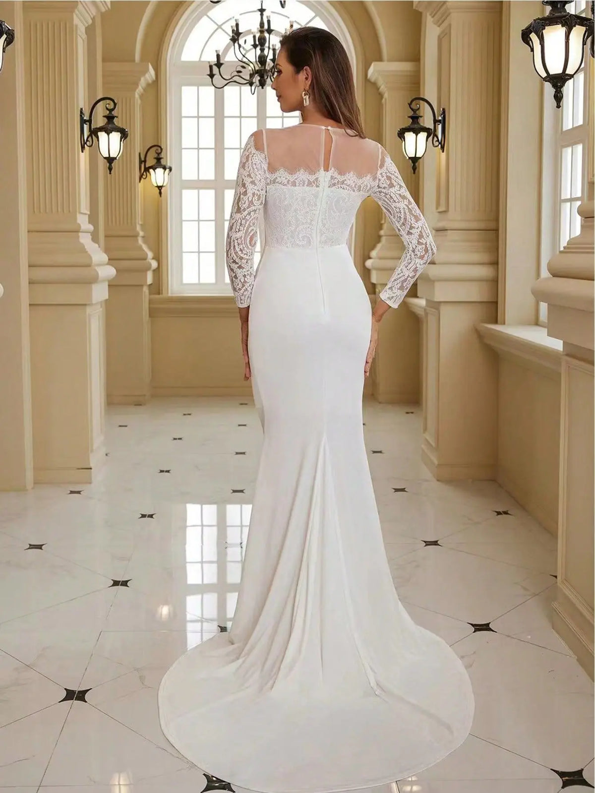 Georgia Plus Size Long Sleeve Lace Train White Wedding Banquet Gown