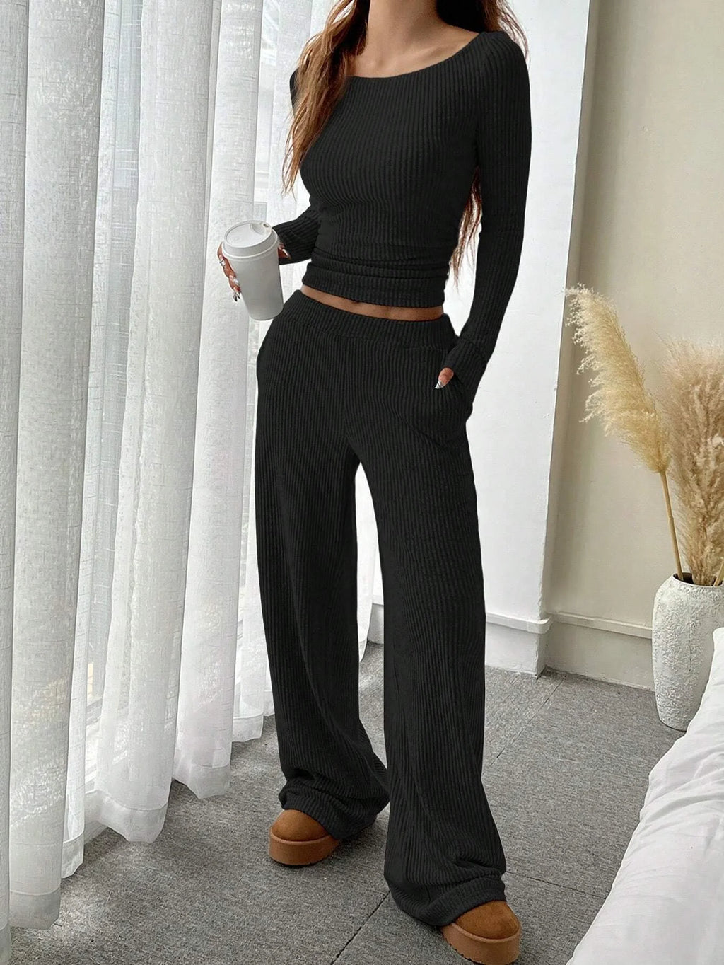 Ana Solid-Color Ribbed Loose-Fit Crew-Neck Two Piece Sets