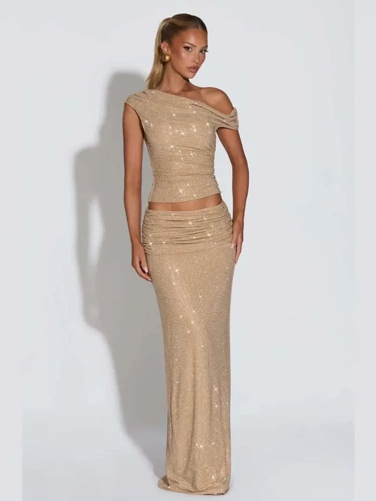 Shirley Beading Sequin Two Piece Set Crop Slim Outfits