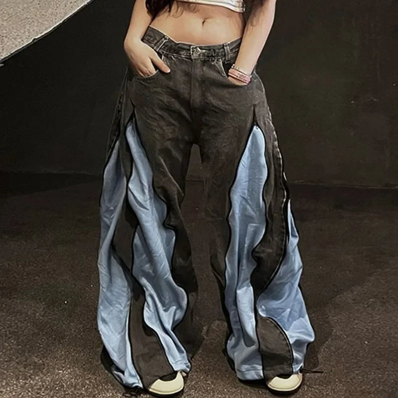 Wildwood Street Color Stitching Washed Baggy Slim Spice Girl Wide-leg Mop Jeans