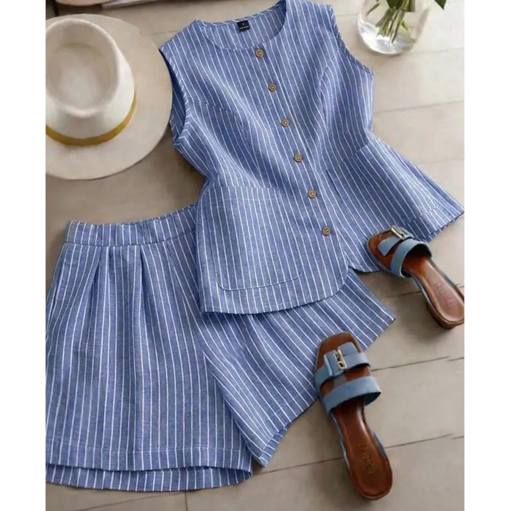 Yudy Summer New Striped Sleeveless Two Piece Sets