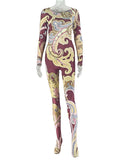 China Town Fashion Art Colorful Print o-Neck Full Sleeve Skinny Peach Jumpsuit