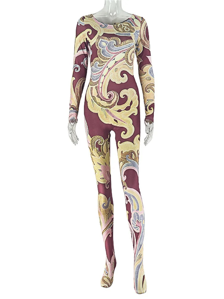 China Town Fashion Art Colorful Print o-Neck Full Sleeve Skinny Peach Jumpsuit