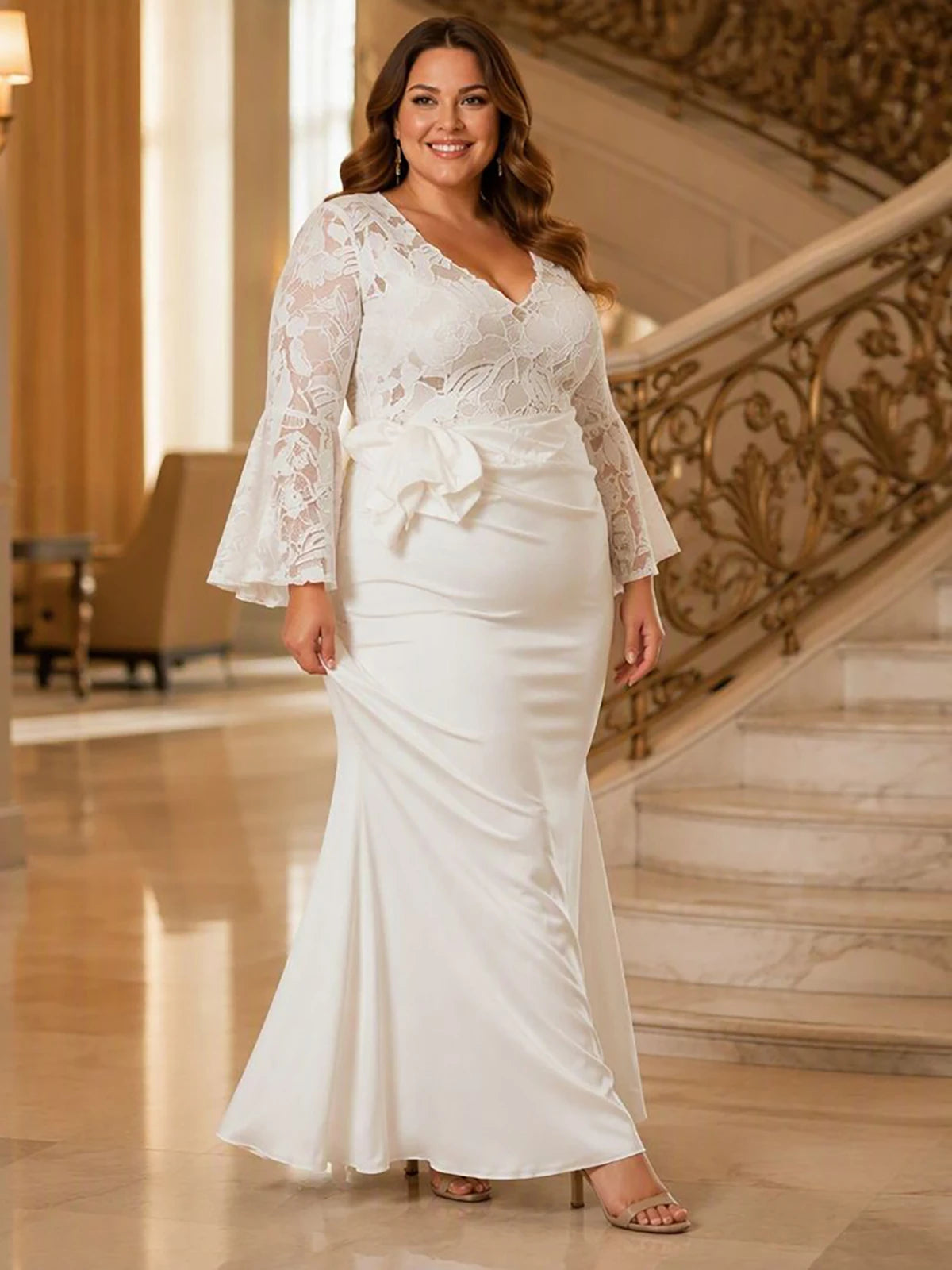 Plus Size Mermaid Sexy Mesh Sheer Embroidery V‑Neck Long Sleeve Slim Fit Maxi Dress