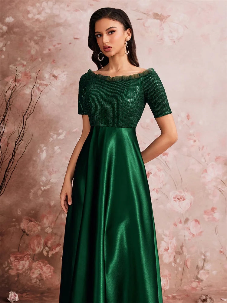 Memphis Luxury Green Satin V-Neck Party Floor Lenght Cocktail Dress