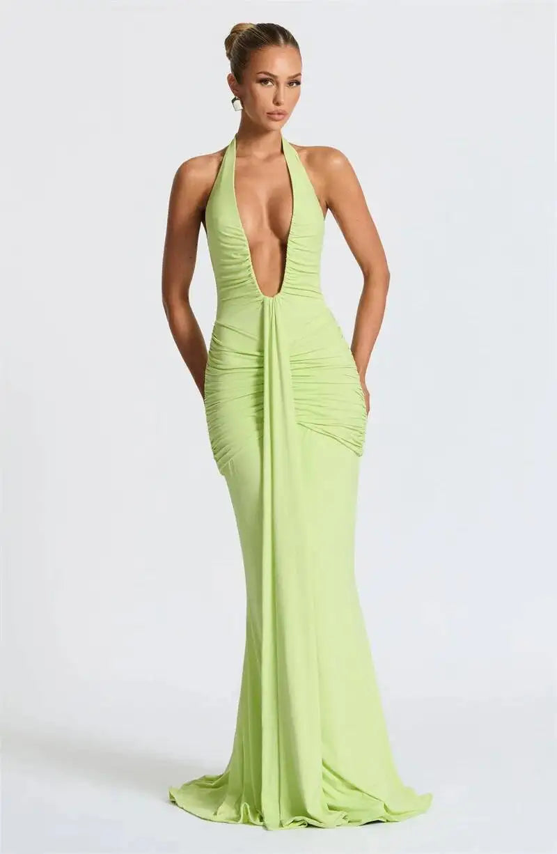 Deep V Neck Draped Ruched Sexy Halter Sleeveless Backless Club Party Long Dress