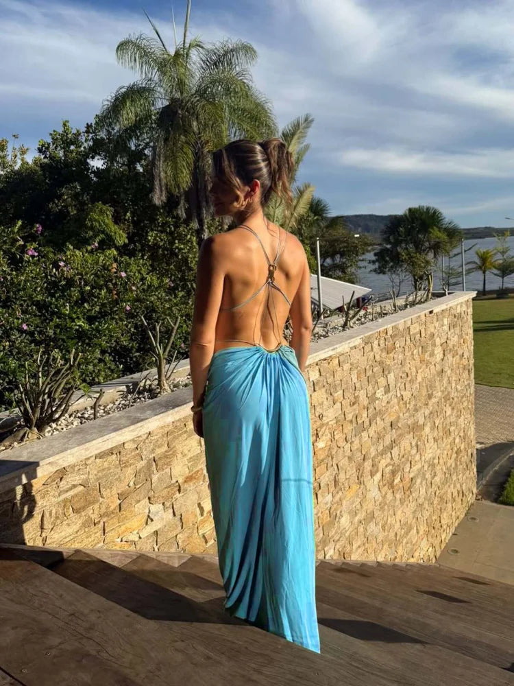 Solid Color Spaghetti Strap Sleeveless Sexy Deep V Cutout Waist Ruched Maxi Gown Dress