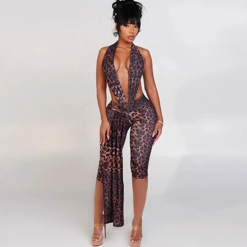 Cornie Lace-up One Piece Outfit Night Out Party Halter Backless Deep V-neck Jumpsuits