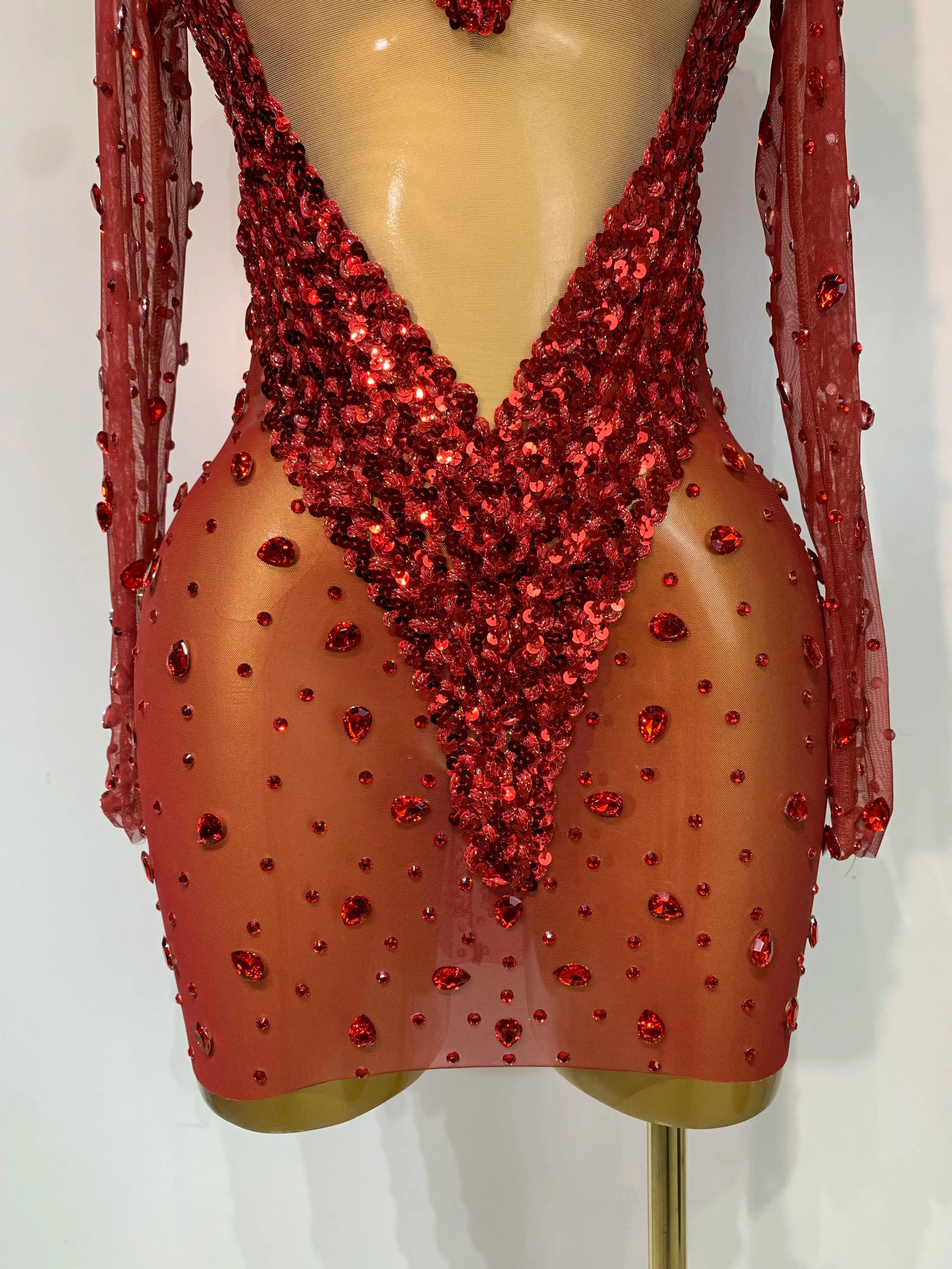 Ithaca High Quality Rhinestone Sequin Sexy See Through Mesh Mini Dress