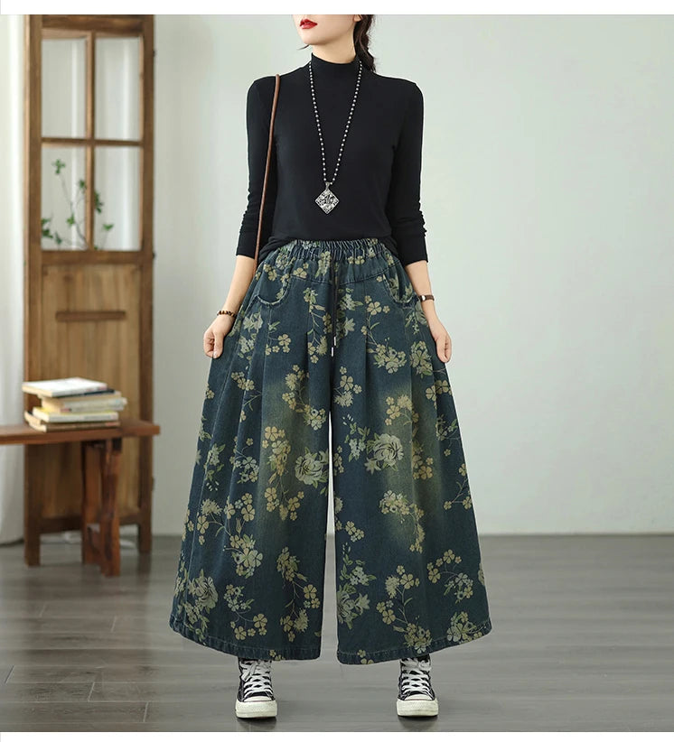 Printed Jeans For Women 2025 Autumn Vintage Extended Elastic Waist