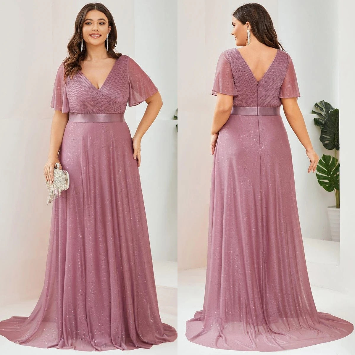 Gazcue Plus Size Chiffon Mother of the Bride Party Glitter V Neck A Line Dress