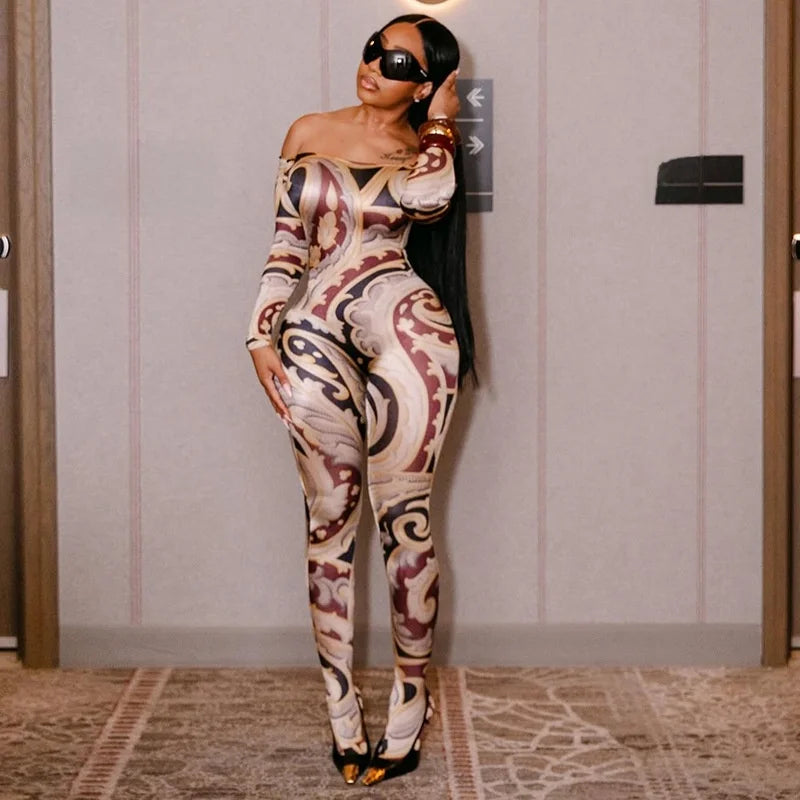 Soho Print One Shoulder Long Slimming Cross Border Jumpsuit