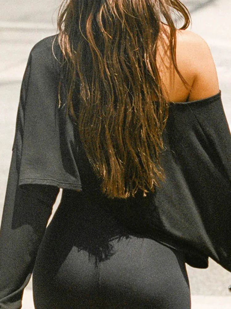 Mercury Streetwear Off Shoulder Crop White Long Sleeve Loose Tops