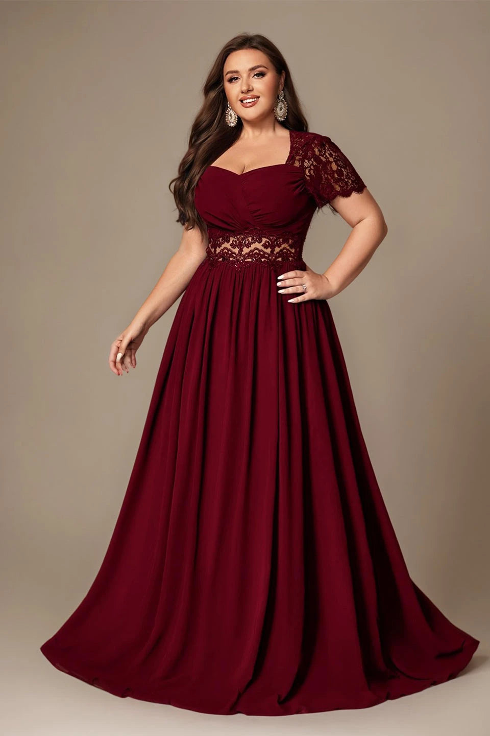 Paterson Plus Size A Line Lace Short Sleeved Formal Evening Gown Sheer High-Waisted Maxi Dress