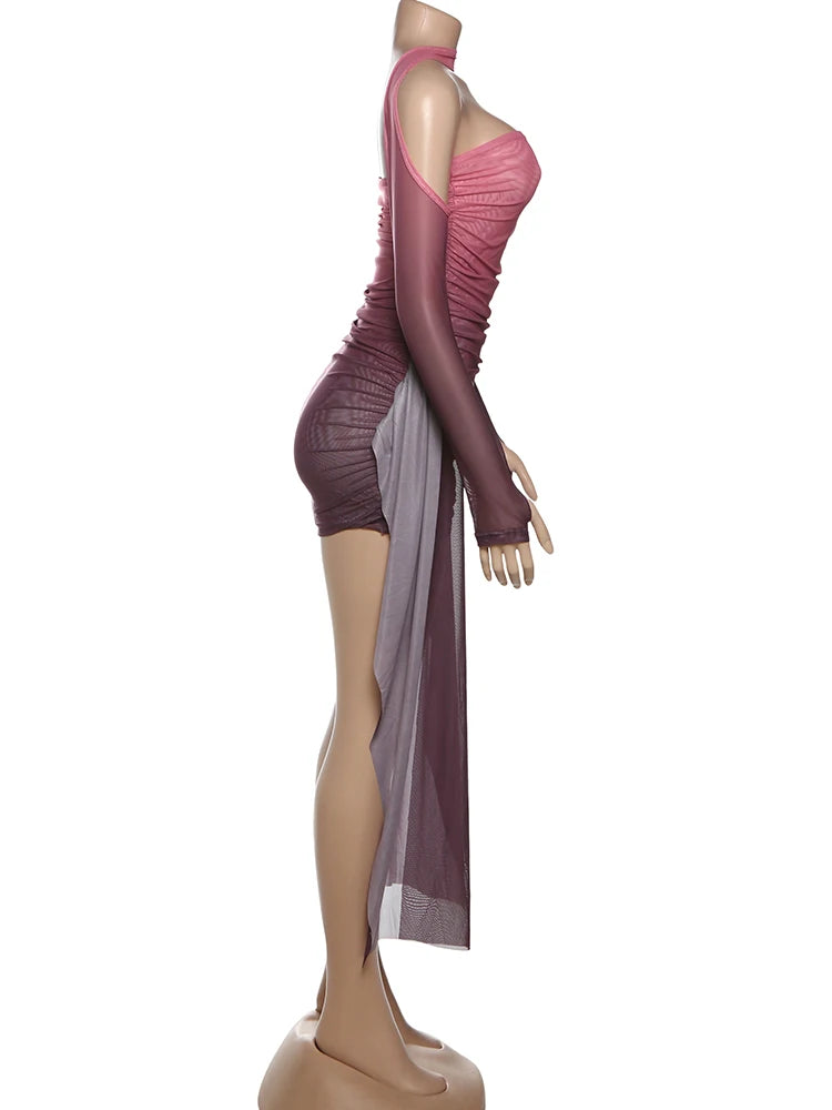 Edison Sexy See Through Dress Shawl Ruched Side Ribbon Coquette Skinny Dress