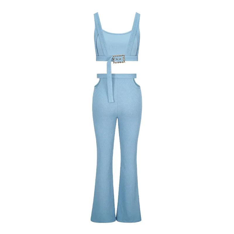 Oyster Bay Cutout Waist with Belt Wide Leg Flare Outfits Two Piece Set