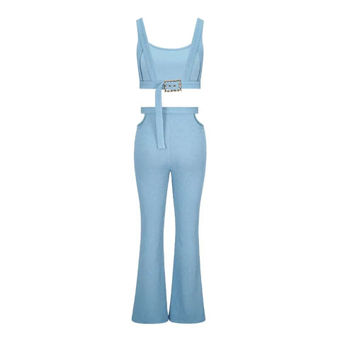 Oyster Bay Cutout Waist with Belt Wide Leg Flare Outfits Two Piece Set