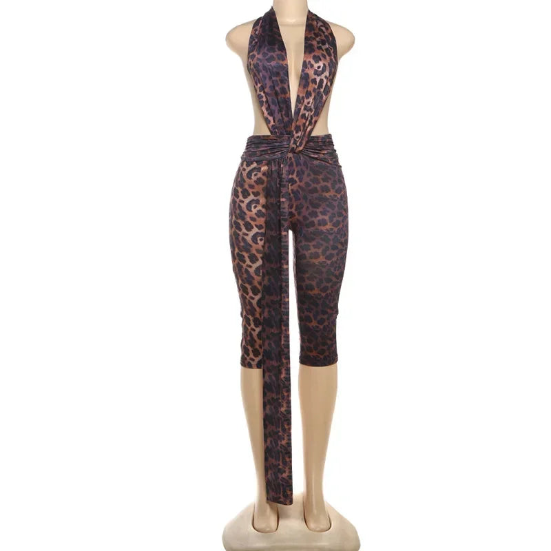 Cornie Lace-up One Piece Outfit Night Out Party Halter Backless Deep V-neck Jumpsuits