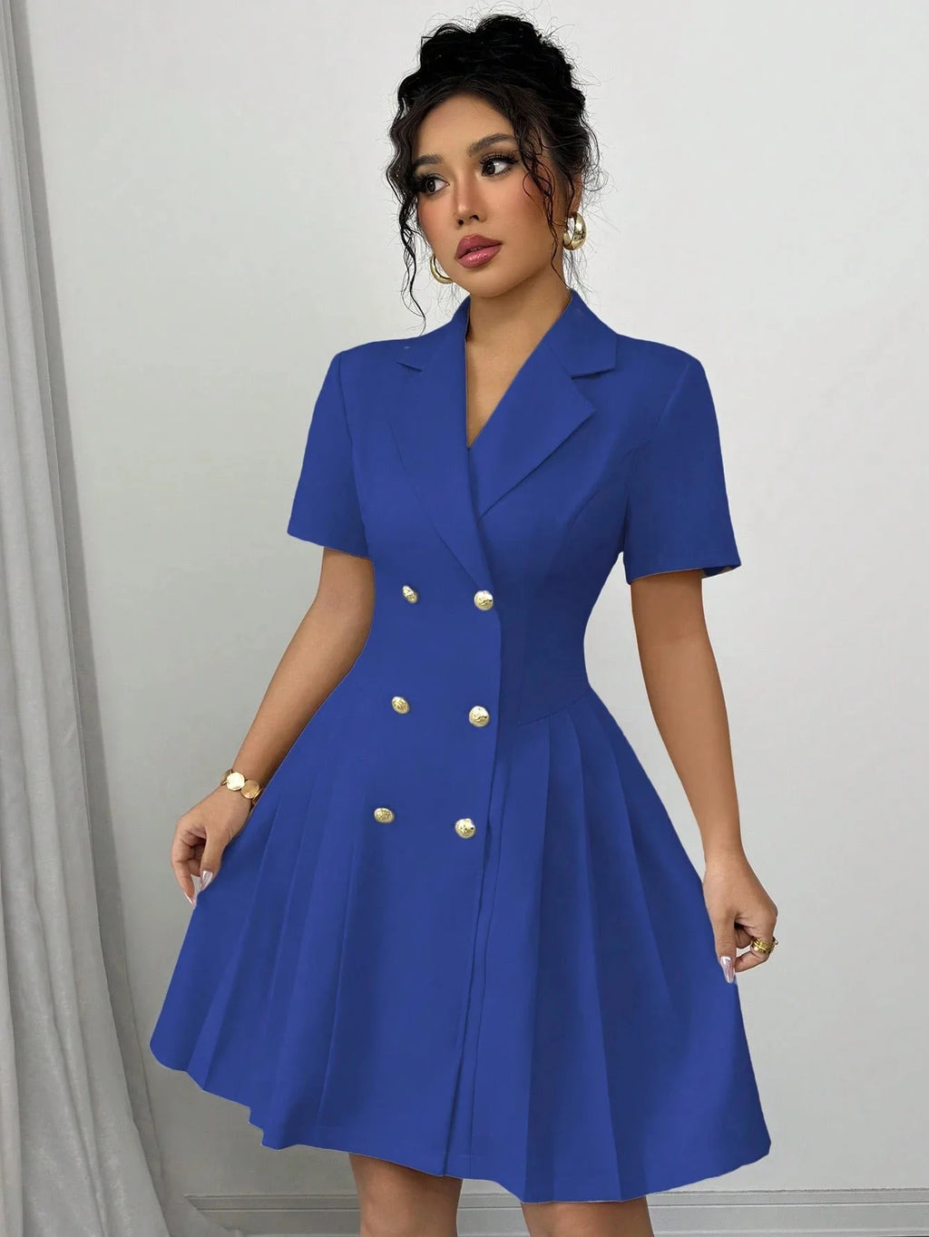All Ways Solid Color Notched Lapel Double Breasted Short Sleeve Slim Midi Dress
