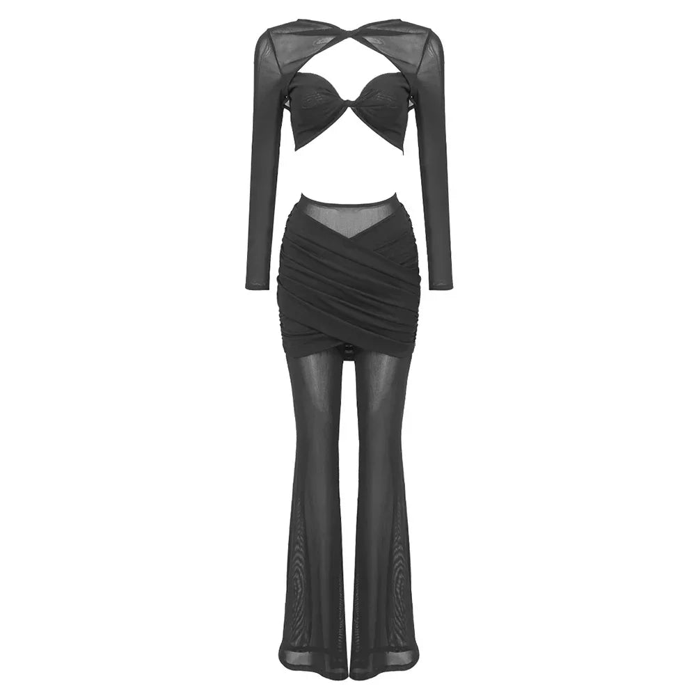Williamsburg Mesh Fashion Street Wear Hollow Out Design Crop Set