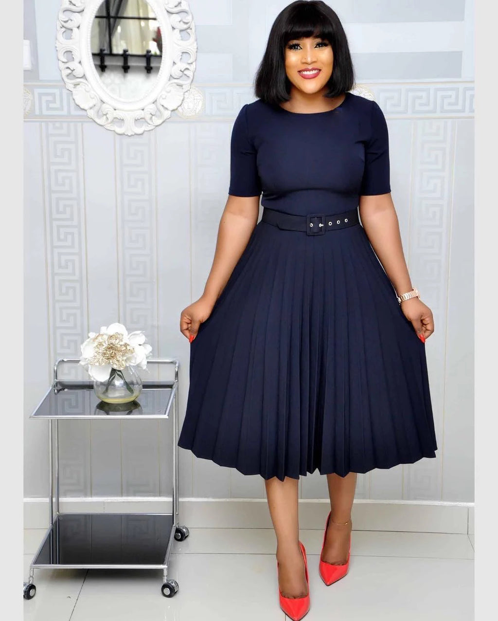 Cincinnati Plus Size Pleated Ladies O Neck Solid With Belt Mid-Calf Office Dress