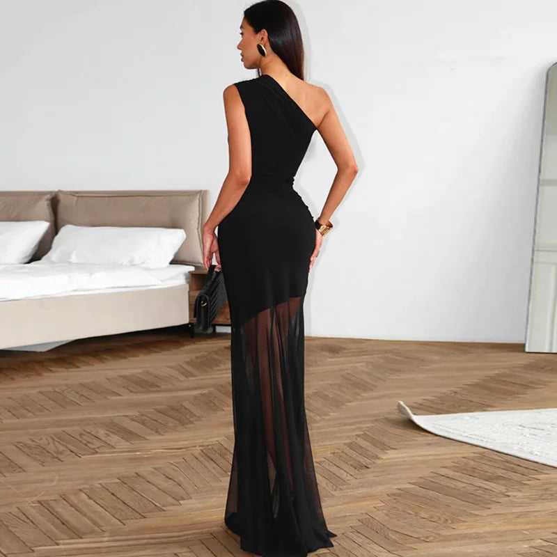 Helmetta Off Shoulder See Through Solid High Waist Patchwork Backless Slim Long Dress