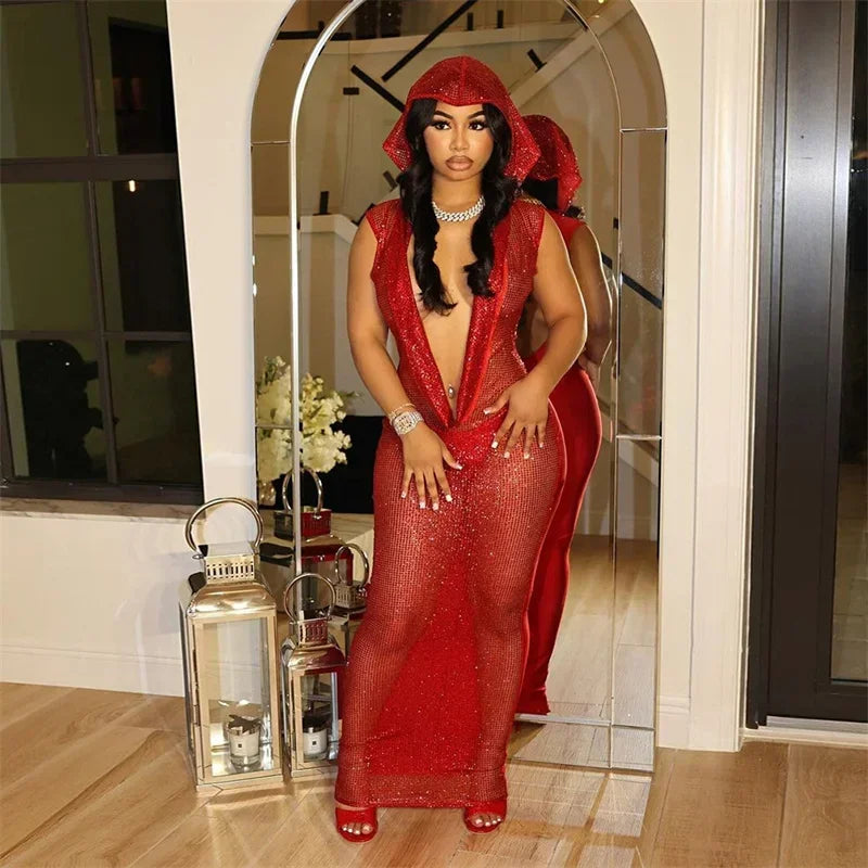 Virginia Deep V-neck Hooded Party Nightclub Prom Mesh Long Maxi Dresses