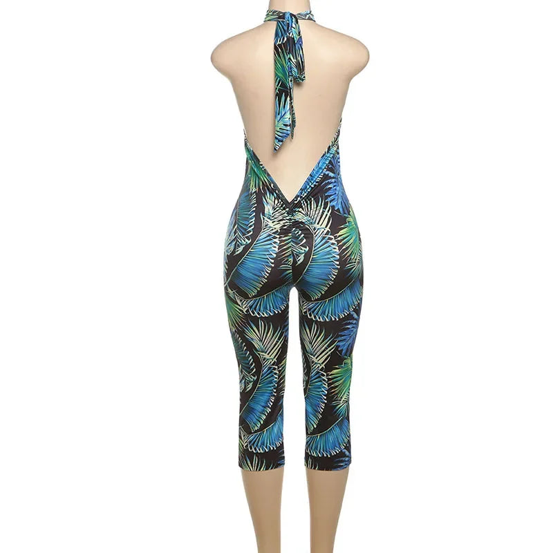 Sunset Park Dots Print Lace Up Halter Backless Skinny Knee Length Jumpsuits