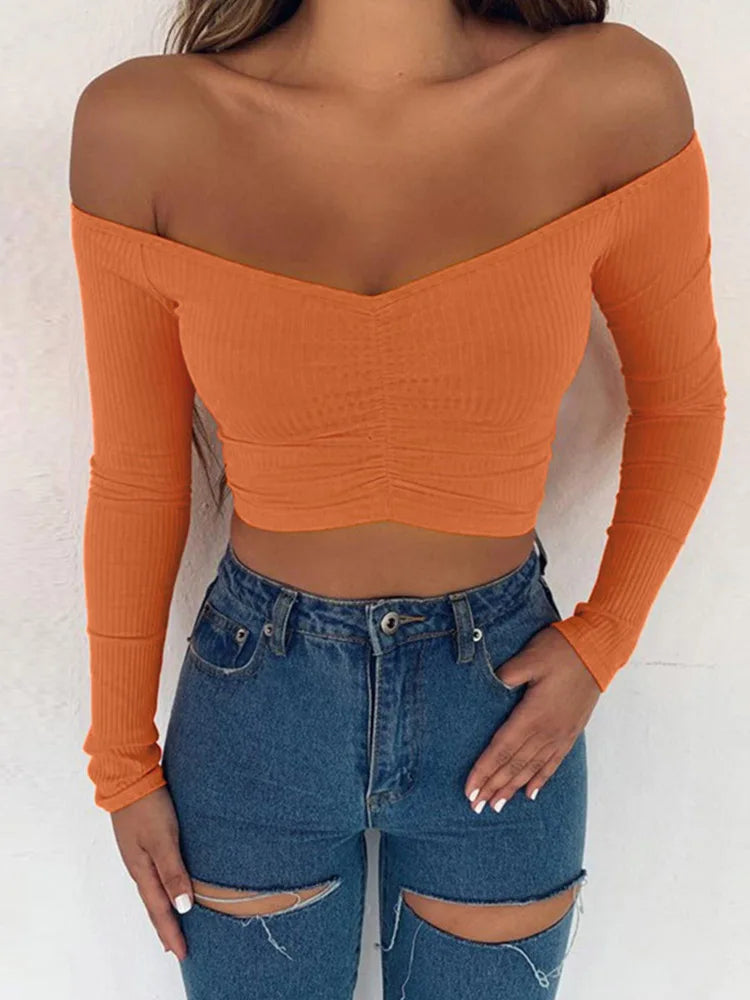 Marte Club Fashion Long Sleeve Off Shoulder Solid Color Blouse