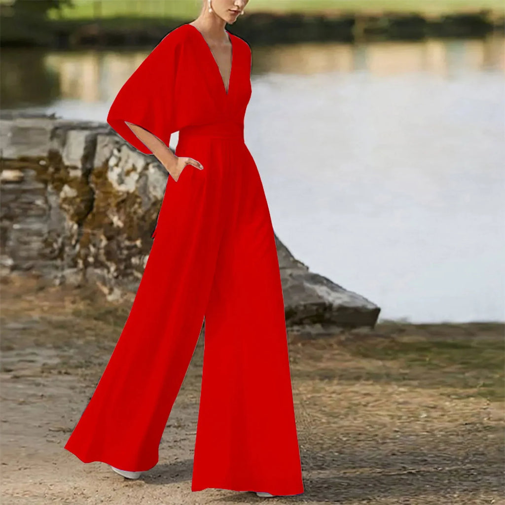 Deep V-Neck Half Solid Casual One-Piece