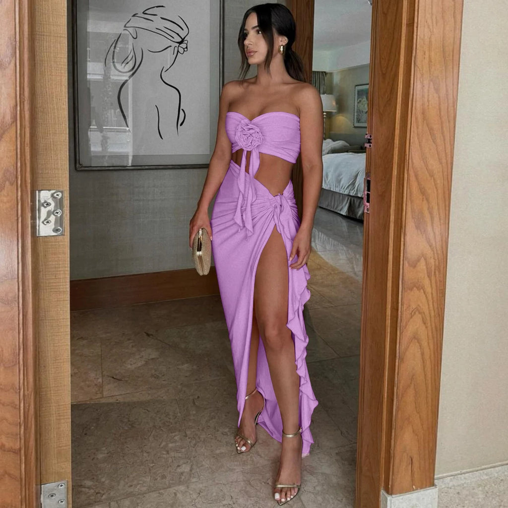 Ogdensburg Strapless Tie Flower Draped Sexy Crop Tank Slit Tassel Set